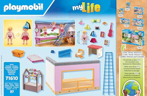 PLAYMOBIL MyLife 71610 Kids' Room, includes a girl figure and a sticker sheet, made from over 80% recycled and bio-based materials, diverse toys for children aged 4 and up.
