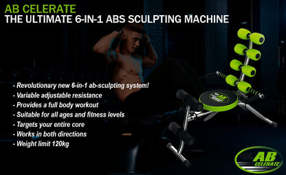 Abdominal trainer equipment for full-body workout, Gymform Ab Celerate, suitable for all ages up to 120 kg, 6 exercises target your entire core + cardiovascular training.