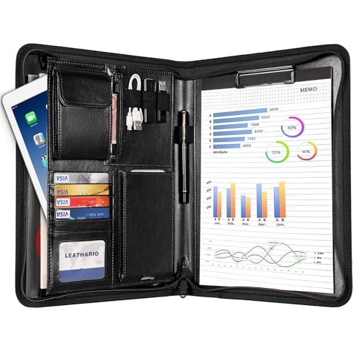 Leathario A4 conference folder, zippered padfolio, document organizer, portfolio, writing pad, black.