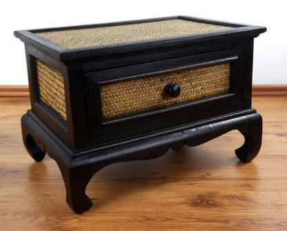 Livasia opium table with drawer, side table, small coffee table made of wood and rattan.