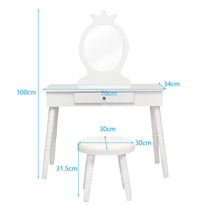 GOPLUS Kids Vanity Set with Stool, Girls Dressing Table with Mirror, Children's Cosmetic Table with Drawer, Wooden Makeup Dresser for Kids' Room (White)
