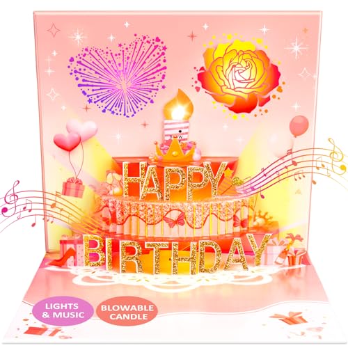 FitmiteCards birthday cards, musical pop-up birthday card with light and blowable candle, birthday gifts for women, men, husband, wife, sister, friends, children.