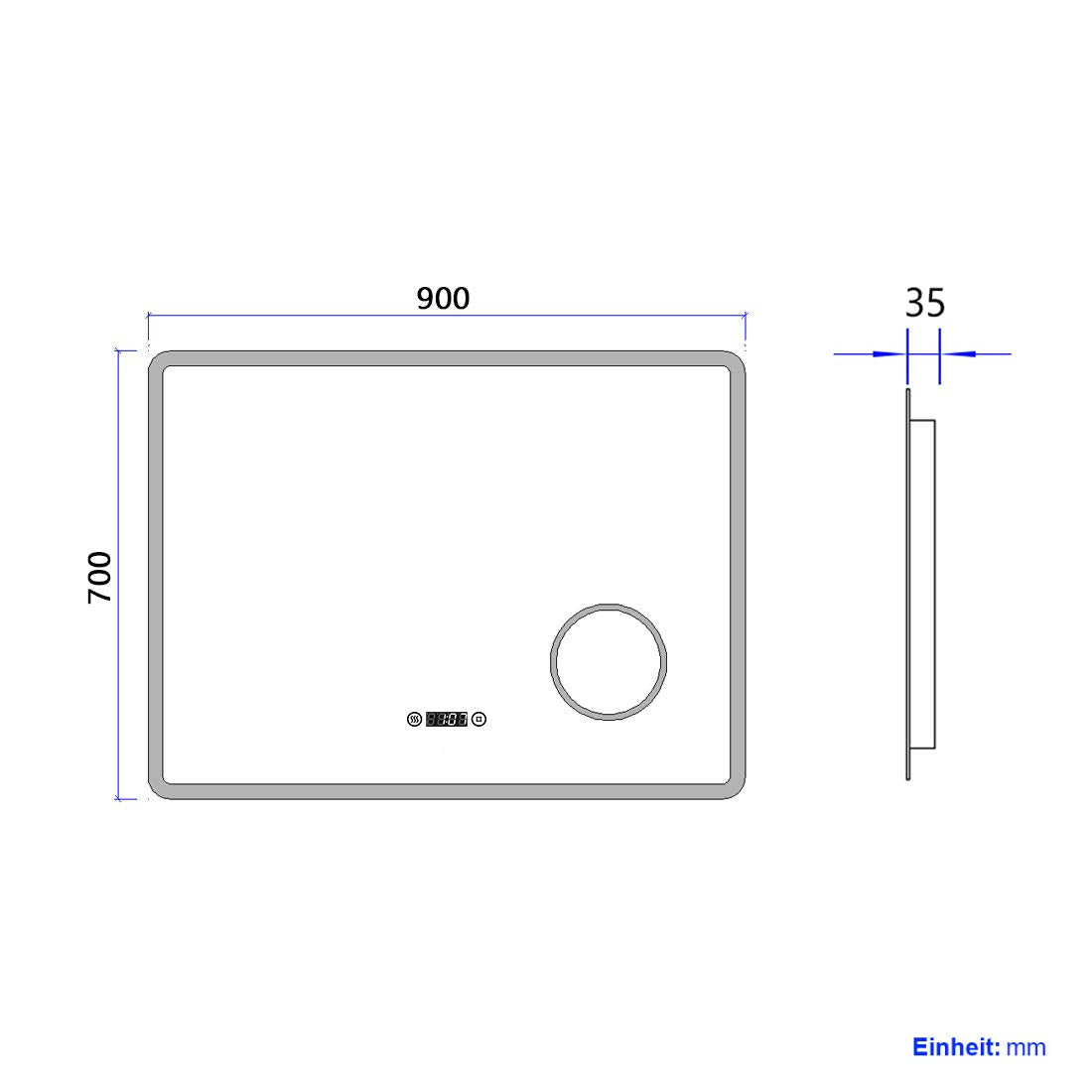 Meykoers LED bathroom mirror with lighting wall mirror 90x70cm bathroom mirror with touch switch fog-free clock and cool white light 6500K energy saving IP44