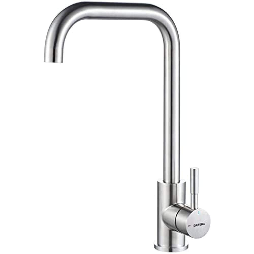 GRIFEMA kitchen faucet mixer 360° rotation - stainless steel kitchen faucet with high spout (271mm), sink mixer tap with G3/8'' connections, faucet with water column mode, brushed.