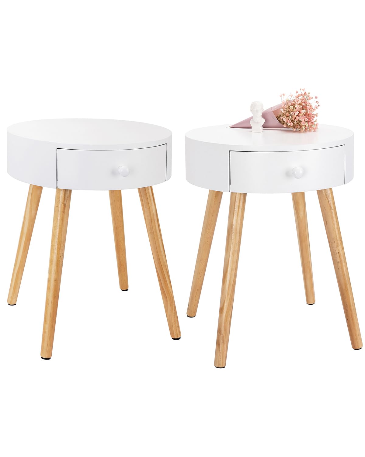 WOLTU bedside table set of 2 nightstands with drawer, legs, made of wood, MDF, white, 38x38x48cm (WxDxH), TS51ws-2
