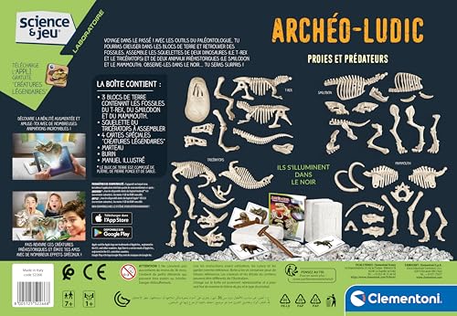Clementoni Archeo Ludic Set - Prey and Predators Kids 7 years + | Scientific Gift | Paleontology set with glow-in-the-dark skeletons | Educational activity | Augmented Reality