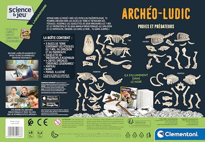 Clementoni Archeo Ludic Set - Prey and Predators Kids 7 years + | Scientific Gift | Paleontology set with glow-in-the-dark skeletons | Educational activity | Augmented Reality