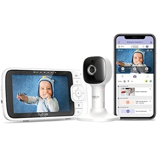 Hubble Connected Nursery Pal Cloud 5 Inch Baby Monitor with Camera offers 2-way communication, night light, and surveillance cameras for optimal security. Monitor your baby with the camera and app, wireless and night-ready.