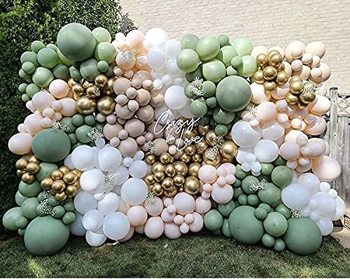 Sage green balloon arch garland kit - 125 piece avocado olive green balloon arch set with white gold latex balloons for birthday, party, baby shower decorations.