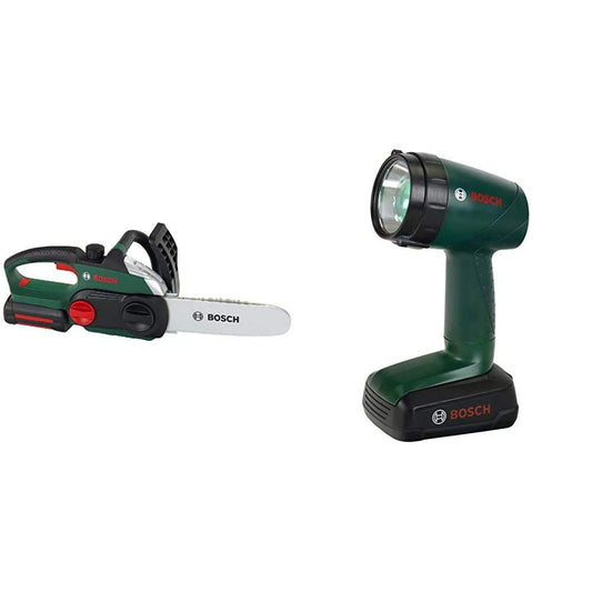 Theo Klein 8399 Bosch Chainsaw I Realistic, child-sized replica I 13 cm x 39.5 cm x 14 cm & Bosch Battery-Powered Lamp I Lamp that rotates 90 degrees I 9.5 cm x 6.4 cm x 18 cm