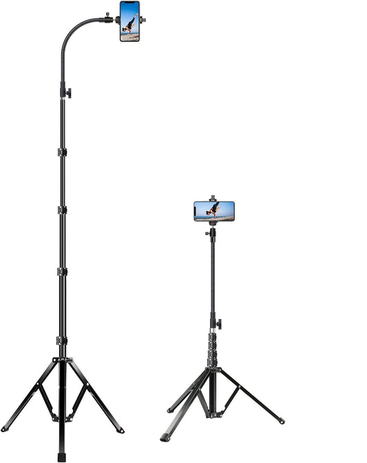 Elitehood 205cm tall phone tripod, flexible overhead iPhone tripod with 43cm adjustable gooseneck, heavy-duty aluminum tripod for iPhone 14 13 12 Pro Max Mini/Android smartphone