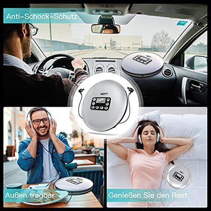 HOTT CD711T Portable Bluetooth CD Player Rechargeable for home, on-the-go, and in the car with stereo headphones and Anti-Shock Protection-Silver