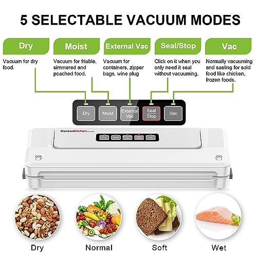 Bonsenkitchen vacuum sealer machine, food sealer for Sous Vide cooking. Keeps food fresh up to 8 times longer with dry and moist modes. Includes vacuum bags.