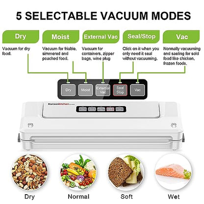 Bonsenkitchen vacuum sealer machine, food sealer for Sous Vide cooking. Keeps food fresh up to 8 times longer with dry and moist modes. Includes vacuum bags.