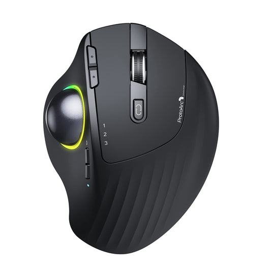 ProtoArc EM01 Bluetooth trackball mouse wireless, RGB 2.4GHz rechargeable ergonomic mouse, 5 adjustable DPI, thumb control, adjustable angle, for PC, iPad, Mac, Windows