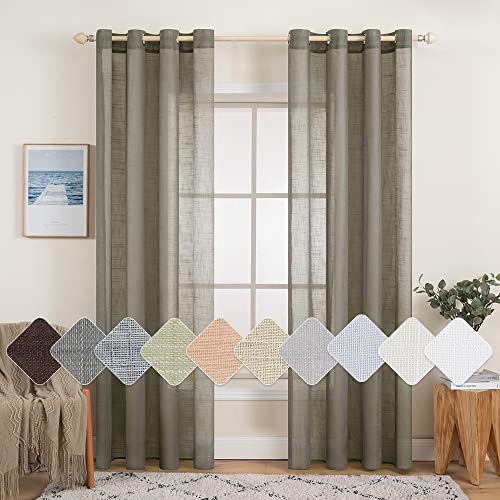 MIULEE 2 Pack Voile Sheer Linen Curtains with Grommet Transparent Linen Look Curtain Panel for Living Room Window Drapes Light Filtering Decor for Bedroom 140x225cm (W x H) Brown