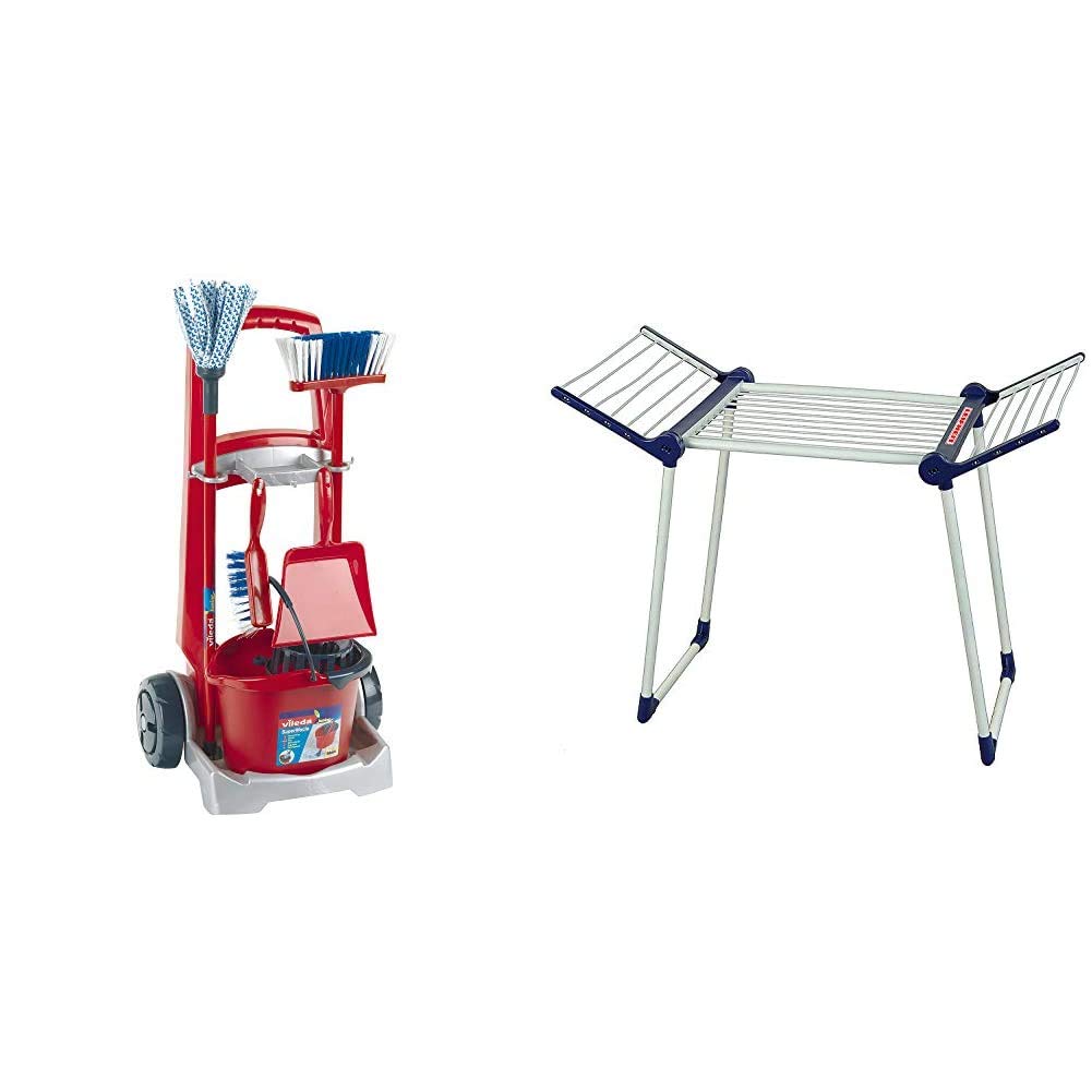 Theo Klein Vileda Sweeper Cart I With mop, bucket, broom and much more I 29 cm x 24 cm x 60 cm & Leifheit Drying Rack I For freshly washed doll and teddy bear clothes 27 cm x 63 cm x 50 cm
