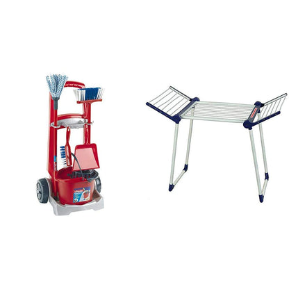 Theo Klein Vileda Sweeper Cart I With mop, bucket, broom and much more I 29 cm x 24 cm x 60 cm & Leifheit Drying Rack I For freshly washed doll and teddy bear clothes 27 cm x 63 cm x 50 cm