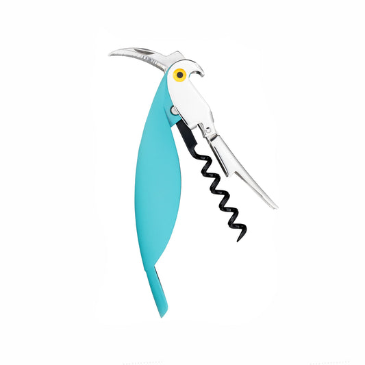 Alessi "Parrot" Sommelier corkscrew in die-cast aluminum and PC, blue, 30 x 8 x 12 cm.