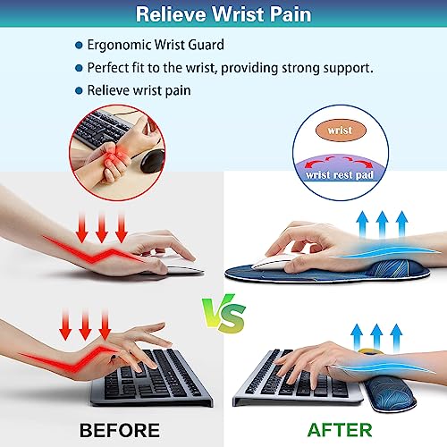 Acezeek 3-in-1 mousepad set with keyboard wrist rest, gel wrist support, cup pad. Ergonomic design with memory foam provides wrist pain relief. Ideal for gaming, office, dorm rooms.