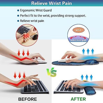 Acezeek 3-in-1 mousepad set with keyboard wrist rest, gel wrist support, cup pad. Ergonomic design with memory foam provides wrist pain relief. Ideal for gaming, office, dorm rooms.