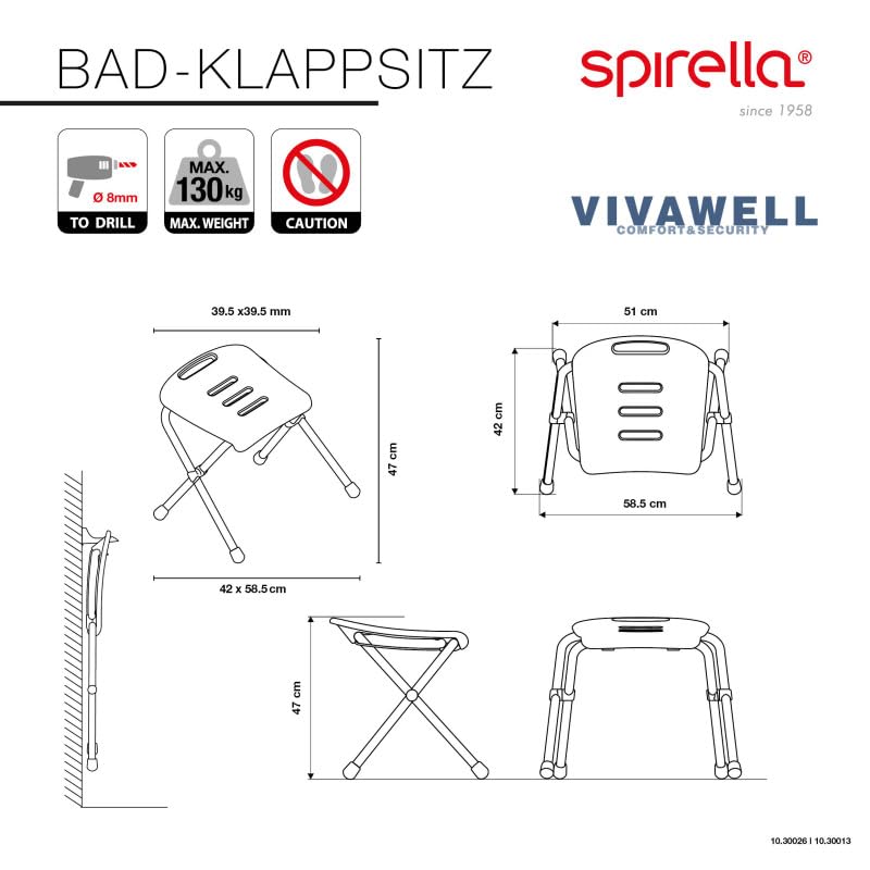 Spirella Vivawell shower stool, foldable shower seat with non-slip feet stainless steel.