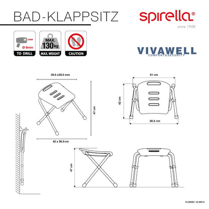 Spirella Vivawell shower stool, foldable shower seat with non-slip feet stainless steel.