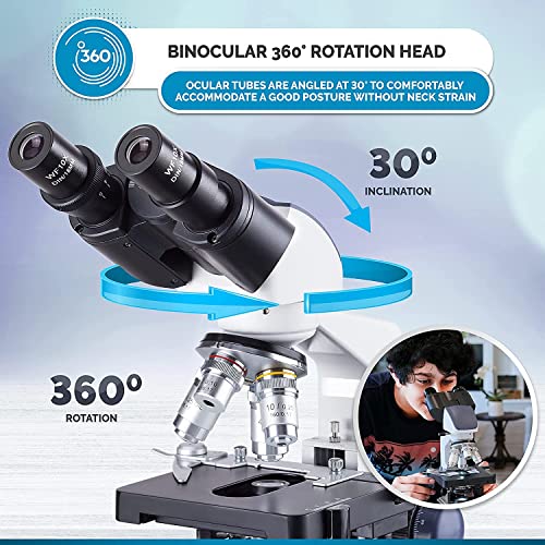 Amscope 40x-2500X digital binocular compound microscope with multiple objectives, x/y mechanical stage, Abbe condenser with iris diaphragm.