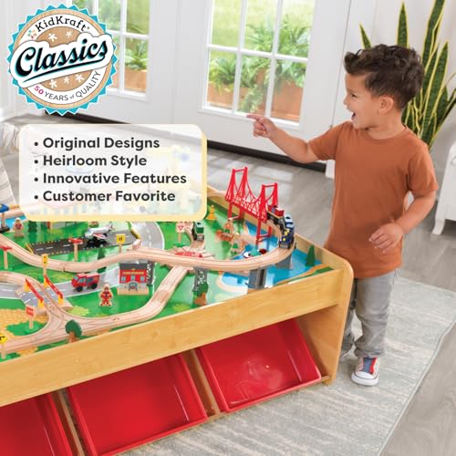 KidKraft Wood Train and Play Table Waterfall Mountain with storage box, train set with accessories and construction vehicles, airplane and train toys for children 3+ years old, 17850