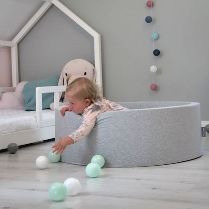 KiddyMoon ball pit 90X30cm with 200 balls Ø 7cm ball pool with colorful balls for babies kids round, light gray: white/gray/mint