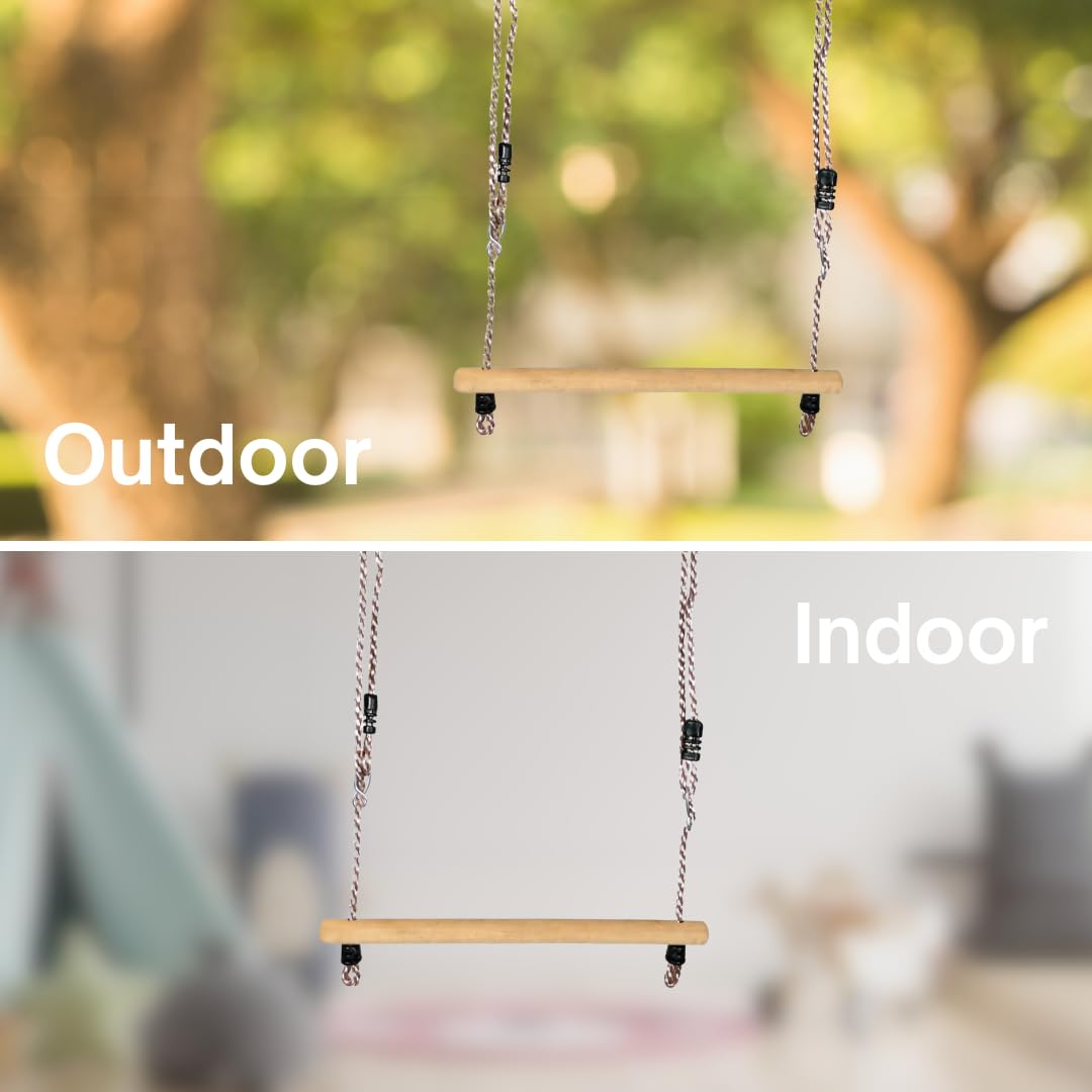 Trapeze Swing | Trapeze bar with adjustable ropes & carabiner for hanging | Wooden swing bar | Kids swing for outdoor & indoor | Gymnastics equipment for children