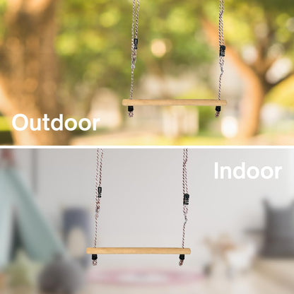 Trapeze Swing | Trapeze bar with adjustable ropes & carabiner for hanging | Wooden swing bar | Kids swing for outdoor & indoor | Gymnastics equipment for children