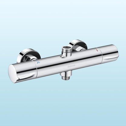 Shower Thermostat Mixer Tap Chrome, Dolinvo Shower Faucet Mixer with 38°C Safety Button & 2 Outlets, Round Shower Thermostat Mixer with Scald Protection & Water Saving Function