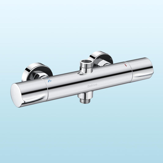 Shower Thermostat Mixer Tap Chrome, Dolinvo Shower Faucet Mixer with 38°C Safety Button & 2 Outlets, Round Shower Thermostat Mixer with Scald Protection & Water Saving Function
