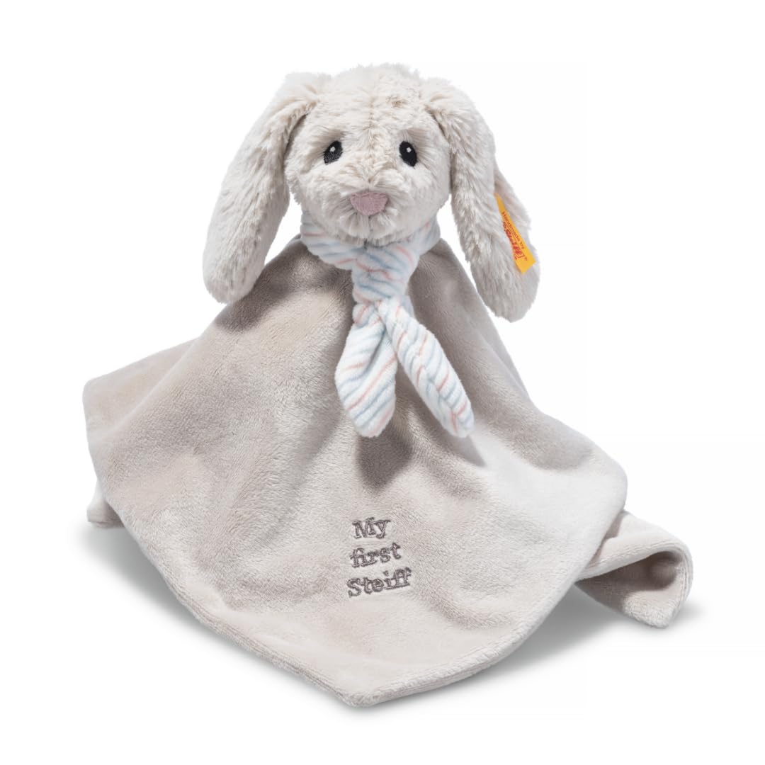 Steiff cuddly toy Hoppie Hare snuggle blanket, Cute stuffed animal, Boys, Girls & babies from 0 months, Friends, 26 cm, Light grey, 242250