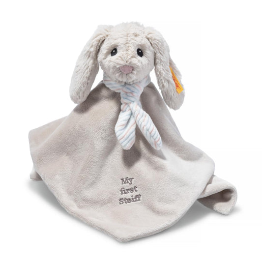 Steiff cuddly toy Hoppie Hare snuggle blanket, Cute stuffed animal, Boys, Girls & babies from 0 months, Friends, 26 cm, Light grey, 242250