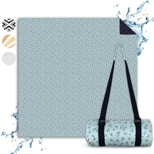 NAYA STUDIOS® Picnic Blanket (Floral Pattern Mint) - extra large picnic blanket 200x200 cm - washable camping blanket - beach blanket XXL - waterproof picnic blanket - outdoor blanket - padded beach mat