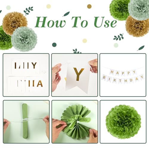EASY JOY Sage green party decorations, Golden Happy Birthday banner, sage green and gold balloons, tissue paper pompons, olive green confetti dots decor, Neutral birthday party accessories.