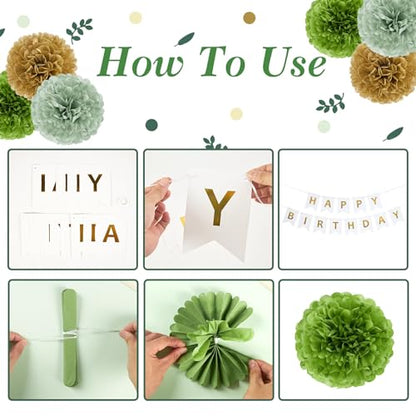 EASY JOY Sage green party decorations, Golden Happy Birthday banner, sage green and gold balloons, tissue paper pompons, olive green confetti dots decor, Neutral birthday party accessories.