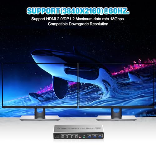 USB 3.0 Displayport+HDMI KVM switch for 4 PCs and 2 monitors at 4K@60Hz. Dual monitor KVM switches with 3 USB devices, allowing 4 computers to share 2 monitors with 1 set of mouse, keyboard, U-disk, and printer.