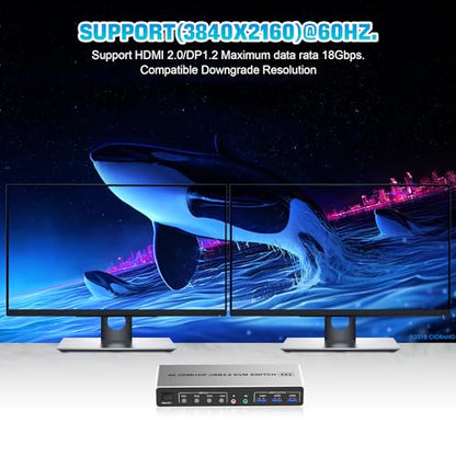 USB 3.0 Displayport+HDMI KVM switch for 4 PCs and 2 monitors at 4K@60Hz. Dual monitor KVM switches with 3 USB devices, allowing 4 computers to share 2 monitors with 1 set of mouse, keyboard, U-disk, and printer.