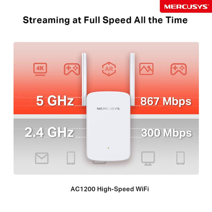 Mercusys ME30 WiFi Extender Repeater AC1200 (867Mbps 5GHz + 300Mbps 2.4GHz, WiFi Repeater, App Control, Signal Strength Indicator, compatible with all WiFi devices, AP Mode)