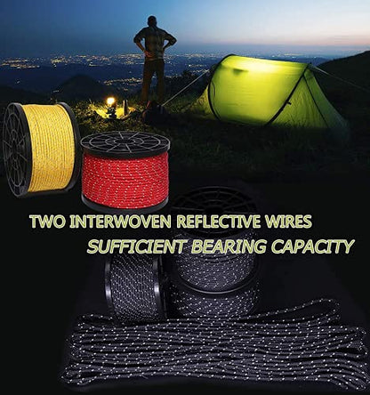 HIKIMAN 50m reflective guyline, sturdy braided nylon camping rope with aluminum tensioner, adjuster, tent accessory for outdoor travel, hiking, backpacking, and water activities.