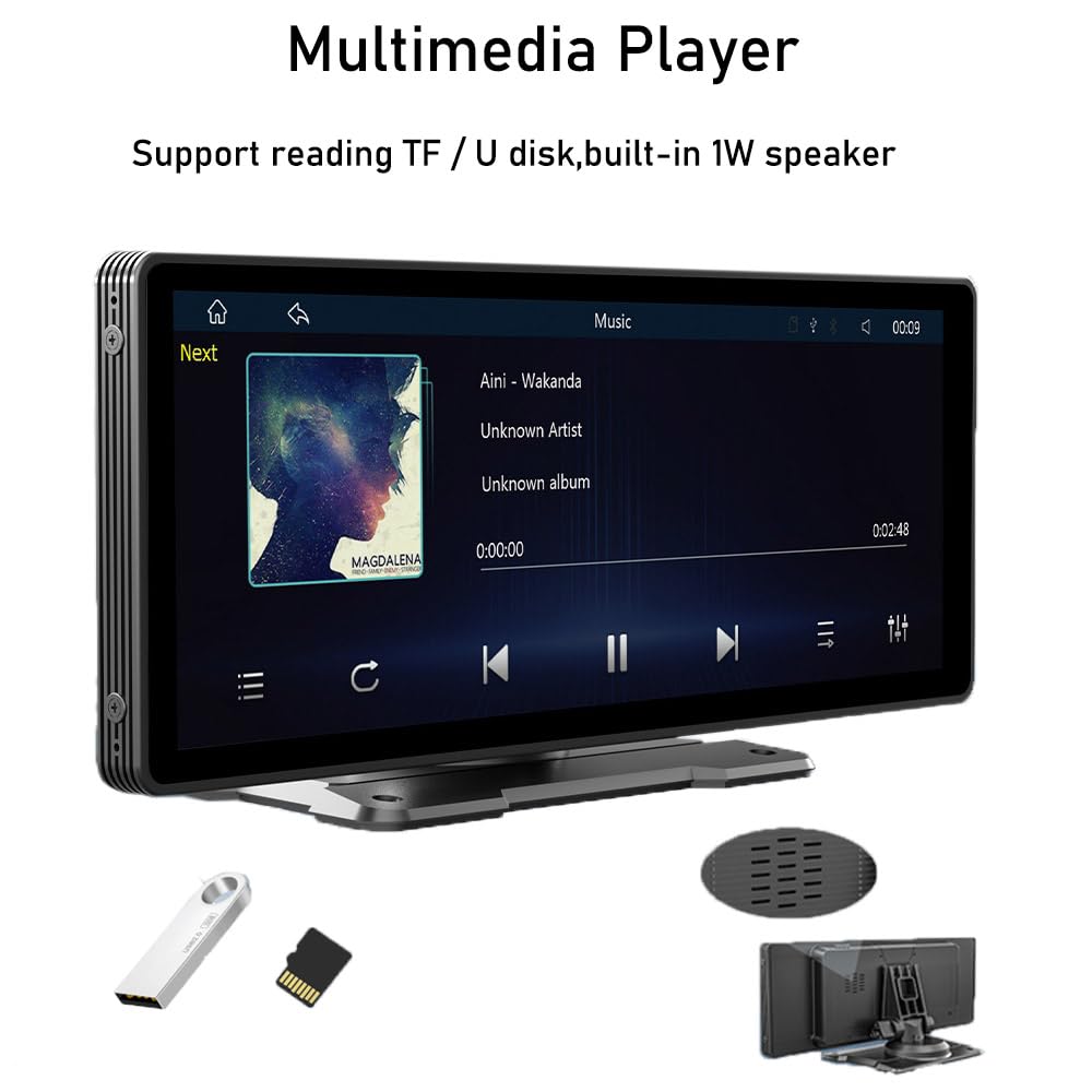 Sunweyer Portable Apple CarPlay Screen and Android Auto Wireless Display Head Unit, 9.3-inch HD IPS Touchscreen, supports 1080p backup camera, and Bluetooth/AUX/FM Transmitter.