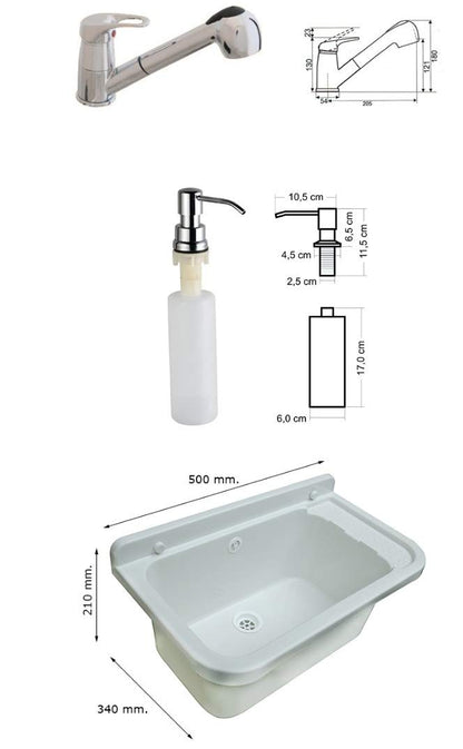 Household sink with battery faucet, soap dispenser, plastic basin with faucet hole, sink with soap dispenser, siphon, sink including accessories, laundry room white.