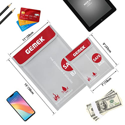 Fireproof waterproof money and document bag 38 x 28cm & 23 x 18cm set, GEMEK fire and water resistant storage bag for A4 A5 documents, cash, jewelry, passport, tablet, laptop (Silver)