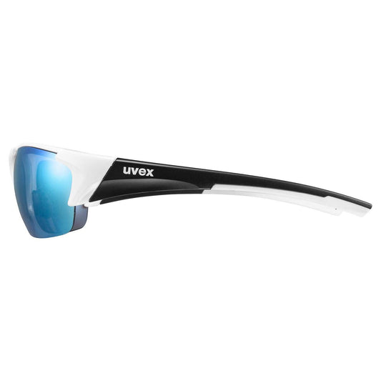 uvex blaze III - Sports glasses for women and men - including interchangeable lenses in filter categories 0, 1, and 3 - pressure-free fit & perfect grip - white black matte/mirror blue - one size