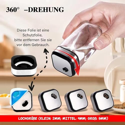 SIAZIH 12×120ml spice jars square, spice containers with snow white German labels, spice jars glass with rotatable spice hole lid, spice organizer for tidy storage of spices.