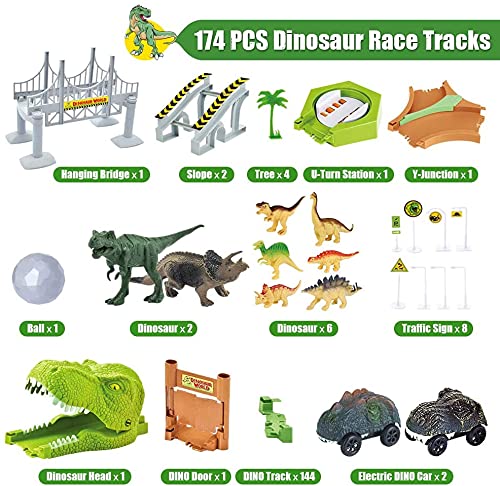 174-Piece Race Track Toys Flexible Train Tracks with 8 Dinosaur Figures, 2 Electric Race Car Vehicles Playset with Lights World Racing for Toddlers, Kids, Boys