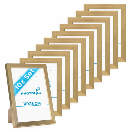 PHOTOLINI Picture Frames 4x6 Gold MDF Wood, 10-piece Poster Frames, shatterproof acrylic glass, for hanging & standing, extra accessories - for photos & posters